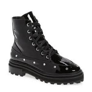 SCHUTZ Abeli Patent Leather Combat Boot Black Lug Sole 7.5 w Gems GOTH GRUNGE